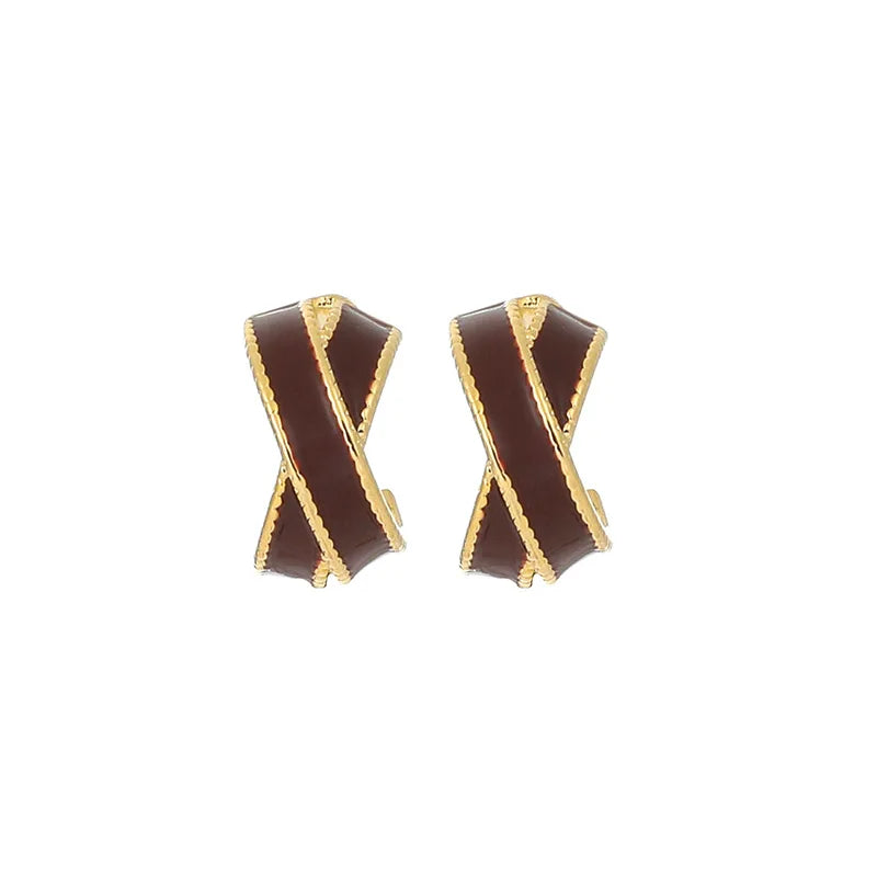 Vintage Luxury Red Enamel Cross Hoop Spiral Alloy Stud & Clip On No Piercing Statement Earrings