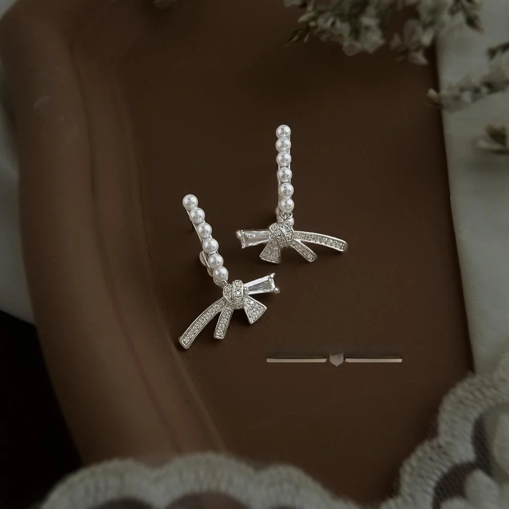 Light Luxury Copper Bow Micro Pave Zircon Silver Plated Pin Drop Earrings For Women