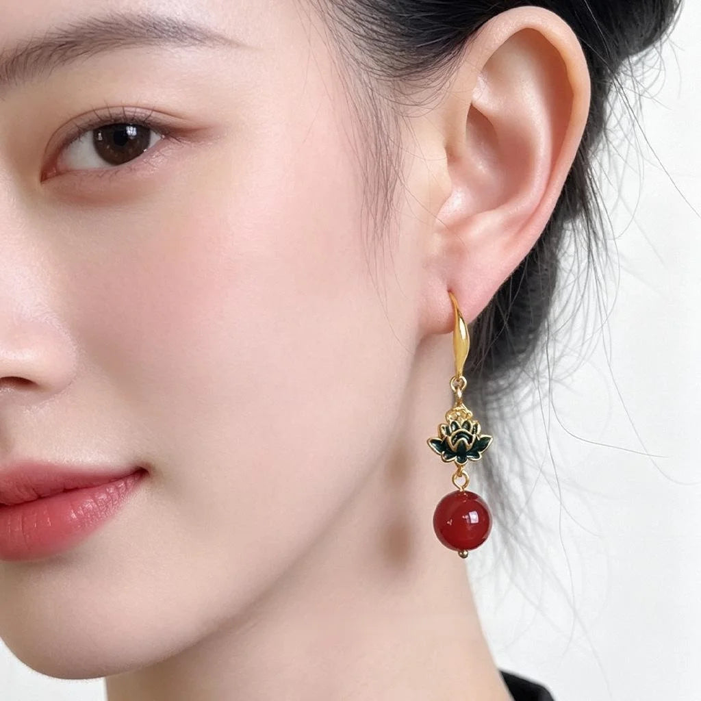 New Chinese Retro Enamel Painted Lotus Red Agate Geometric Drop Earrings