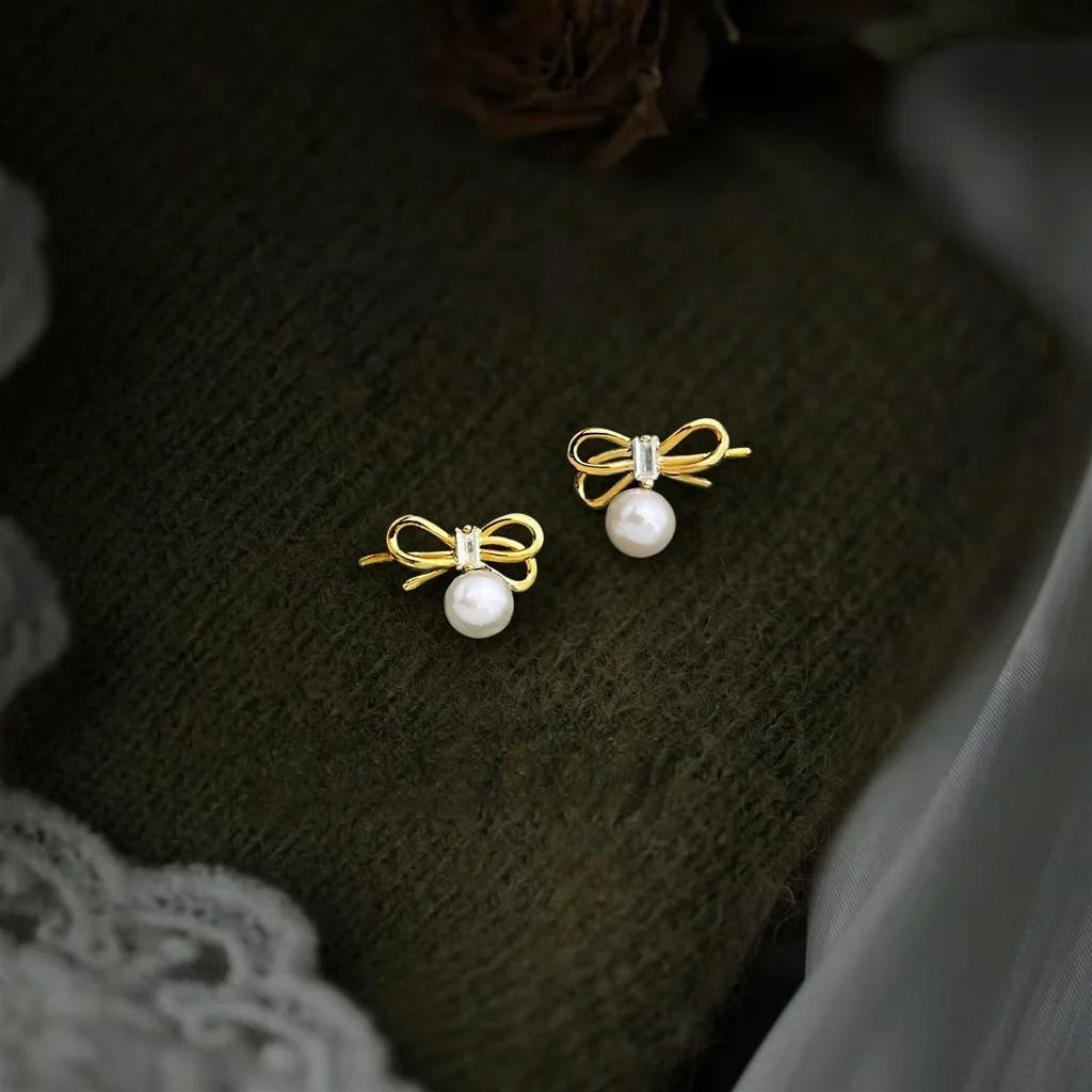 Fashion Bow Freshwater Pearl Stud Earrings Copper Hollow Rope Knot Sweet Commuter Jewelry