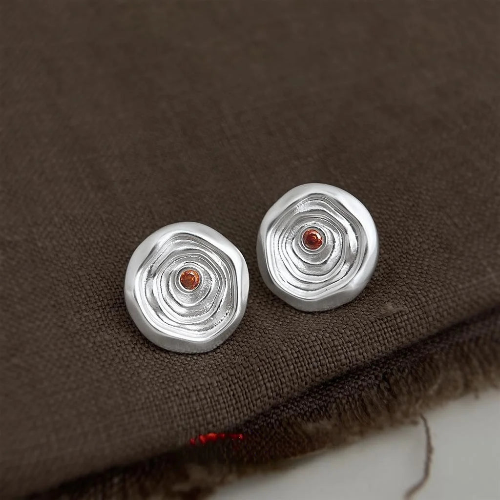 Original Textured New Chinese Matte Silver Plated Copper Zircon Round Stud Earrings