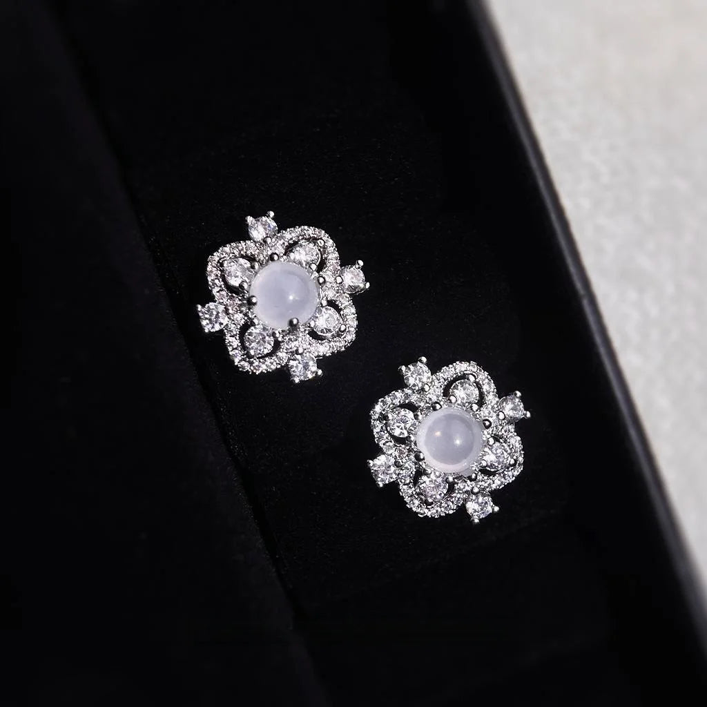 Copper Micro Pave Zircon Lucky Flower Geometric Light Luxury Stud Earrings