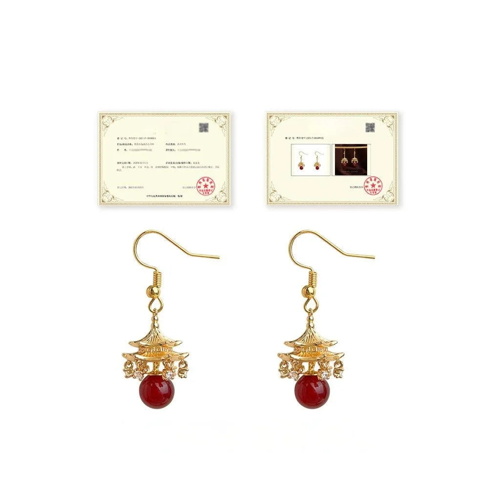Chinese Style Geometric Tassel Drop Earrings With Copper Red Agate And Micro Pave Zircon