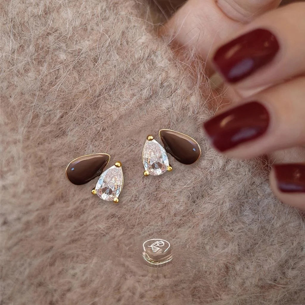 Minimalist Teardrop Zircon Copper Stud Earrings With 14K Plating And Enamel Drip Design
