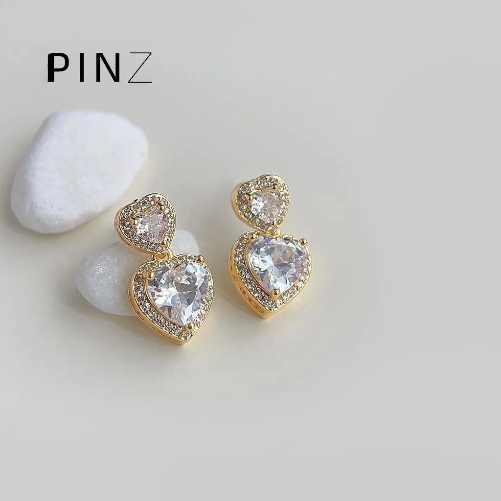 18K Gold Plated Copper Heart Zircon Drop Earrings, Light Luxury Sweet Elegant Jewelry