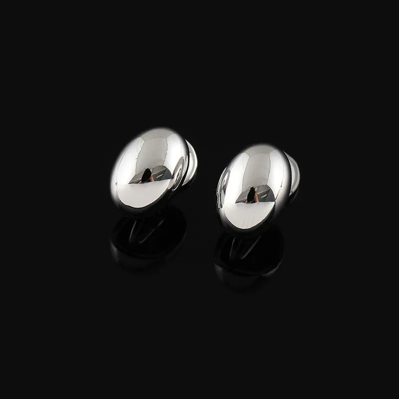 Elegant Smooth Gold Alloy Bean Oval Stud & Clip On No Piercing Minimalist Women's Fashion Earrings