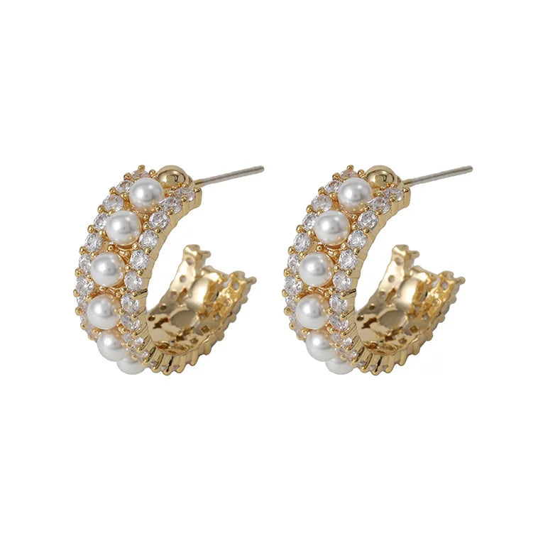 Elegant Gold Alloy Spiral Hoop Pearl Zircon Stud & Clip On No Piercing French Style Earrings