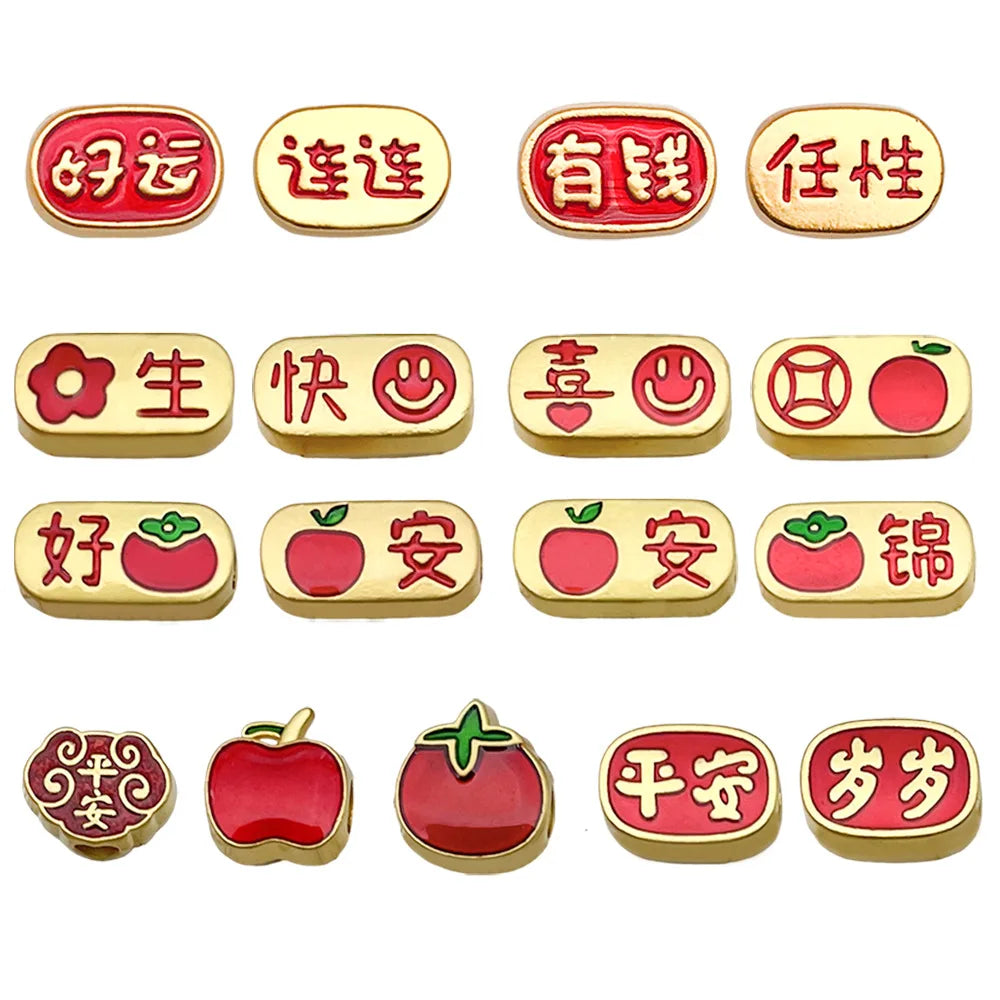 Matte Gold Enamel Zinc Alloy Peace Xi Money Good Luck large hole spacer beads for bracelets