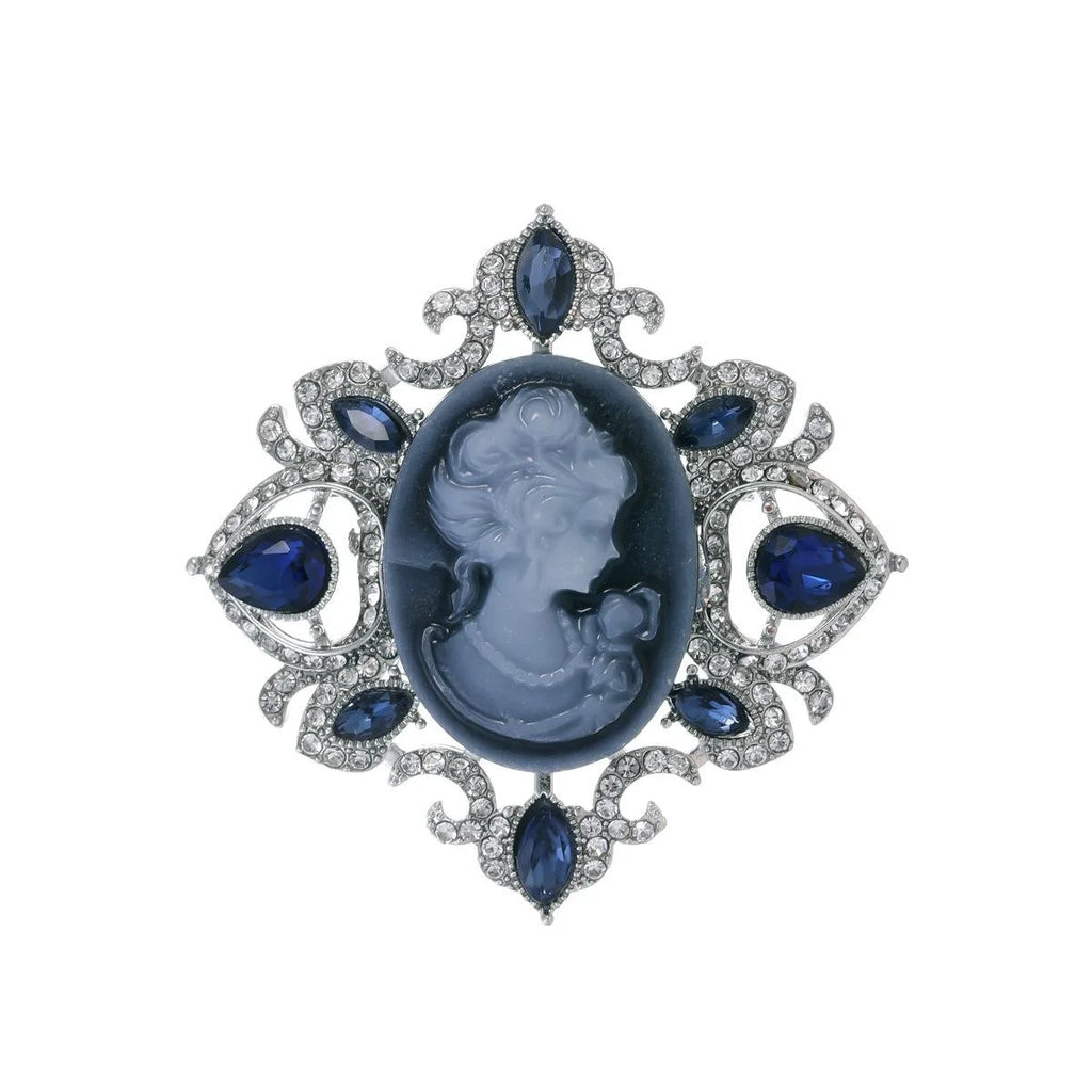 Vintage Lady Cameo Portrait Brooch With Blue Rhinestones, Elegant Alloy Lapel Pin Suit Accessory Gift