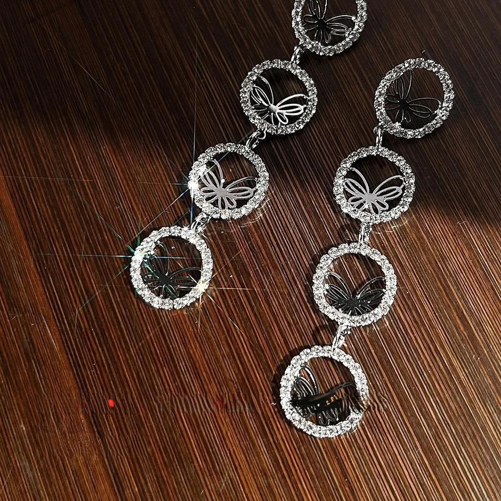 Luxury Copper Silver Plated Full Rhinestone Petal Butterfly Tassel Stud Earrings For Women