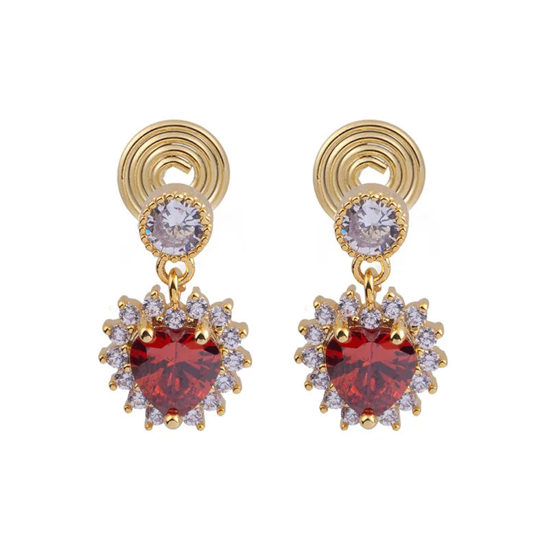 Vintage Red Heart Zircon Rhinestone Alloy Stud & Clip On No Piercing Baroque Drop Earrings