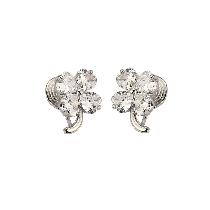 Elegant Alloy Zircon Lucky Clover Flower Stud & Clip On No Piercing Commuter Ear Cuff Earrings