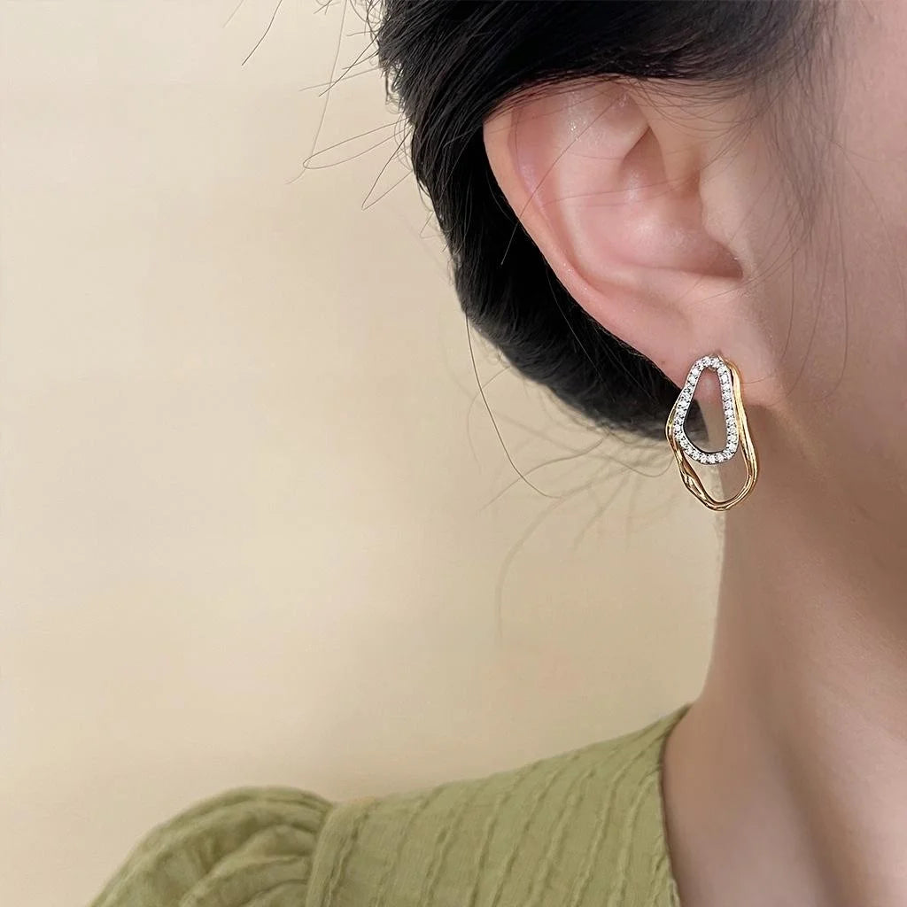 French Vintage Two Tone Copper Micro Pave Zircon Geometric Irregular Hollow Line Drop Earrings