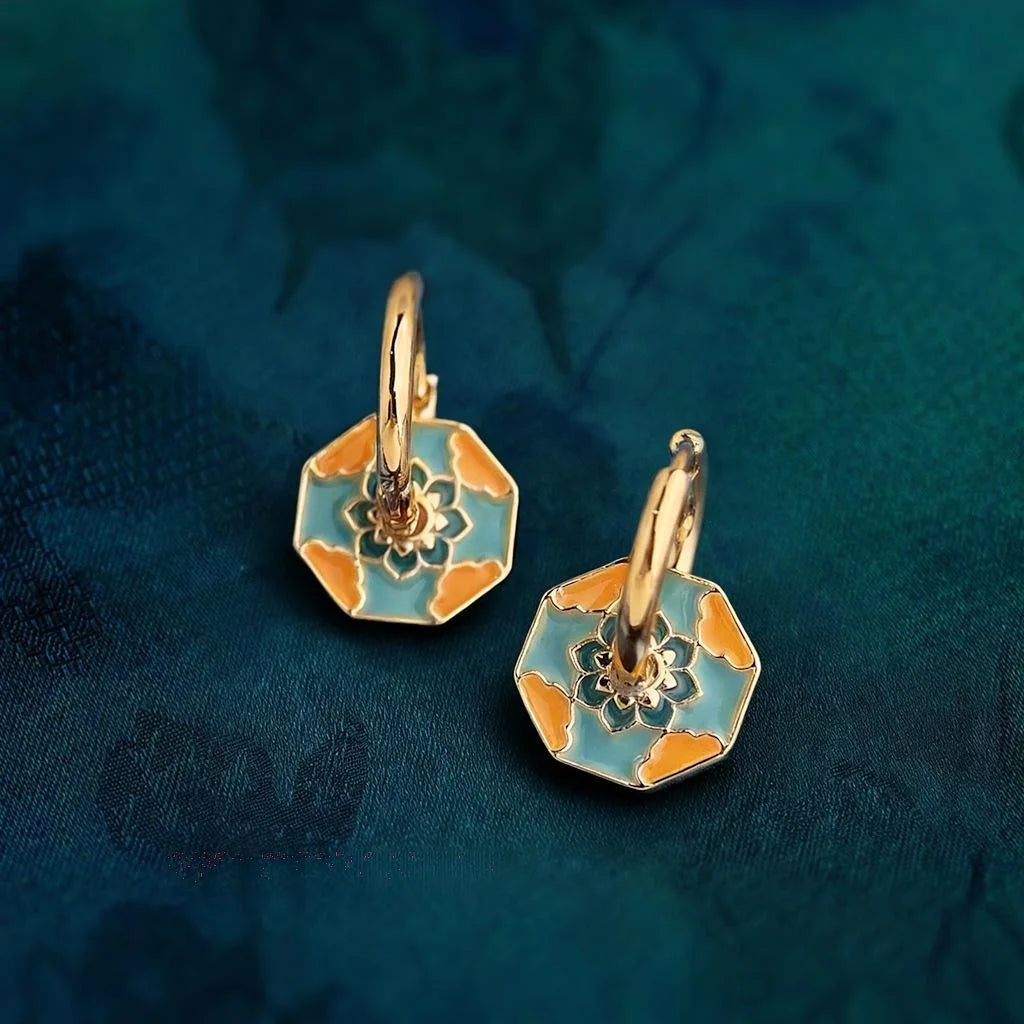 Premium Hand Painted Enamel Copper Geometric Square Flower Petal Drop Earrings For Women