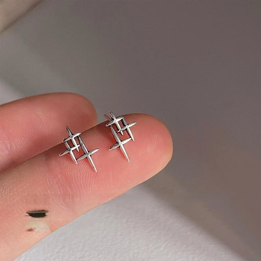 Minimalist Silver Star Stud Earrings Copper Mini Geometric Distressed Cool Style Jewelry