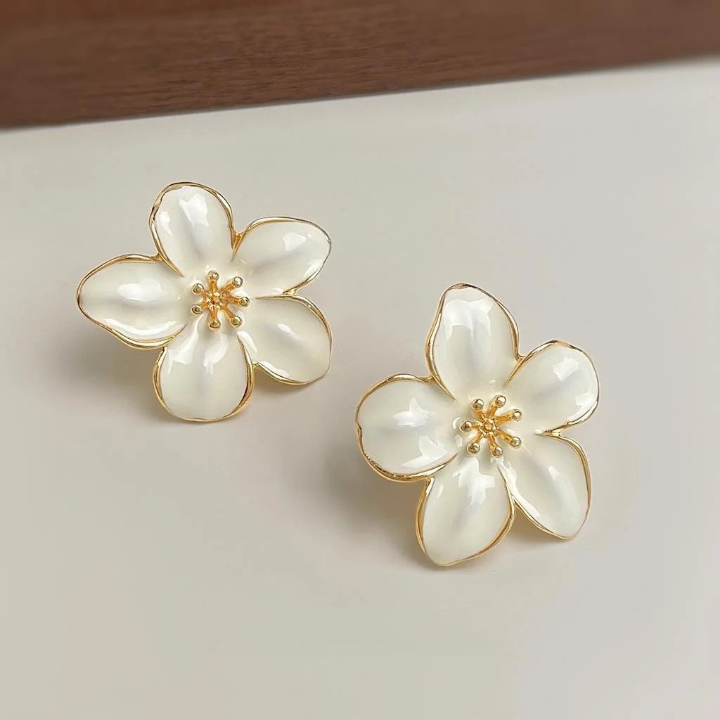 Summer Elegant Oversized White Enamel Flower Drop Earrings Sweet Forest Style Eco Copper Jewelry