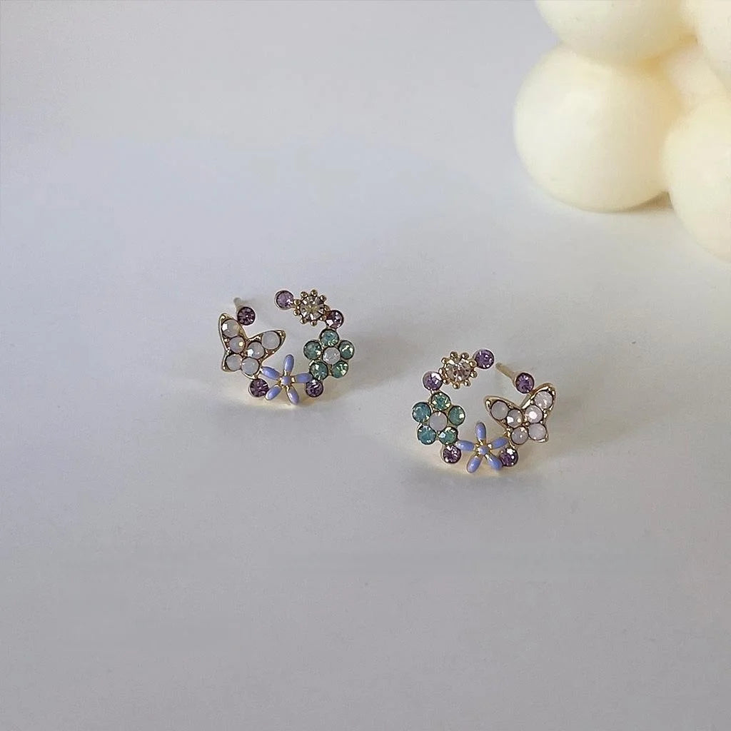 Forest Style Copper 14K Plated Rhinestone Butterfly Flower Wreath Stud Earrings
