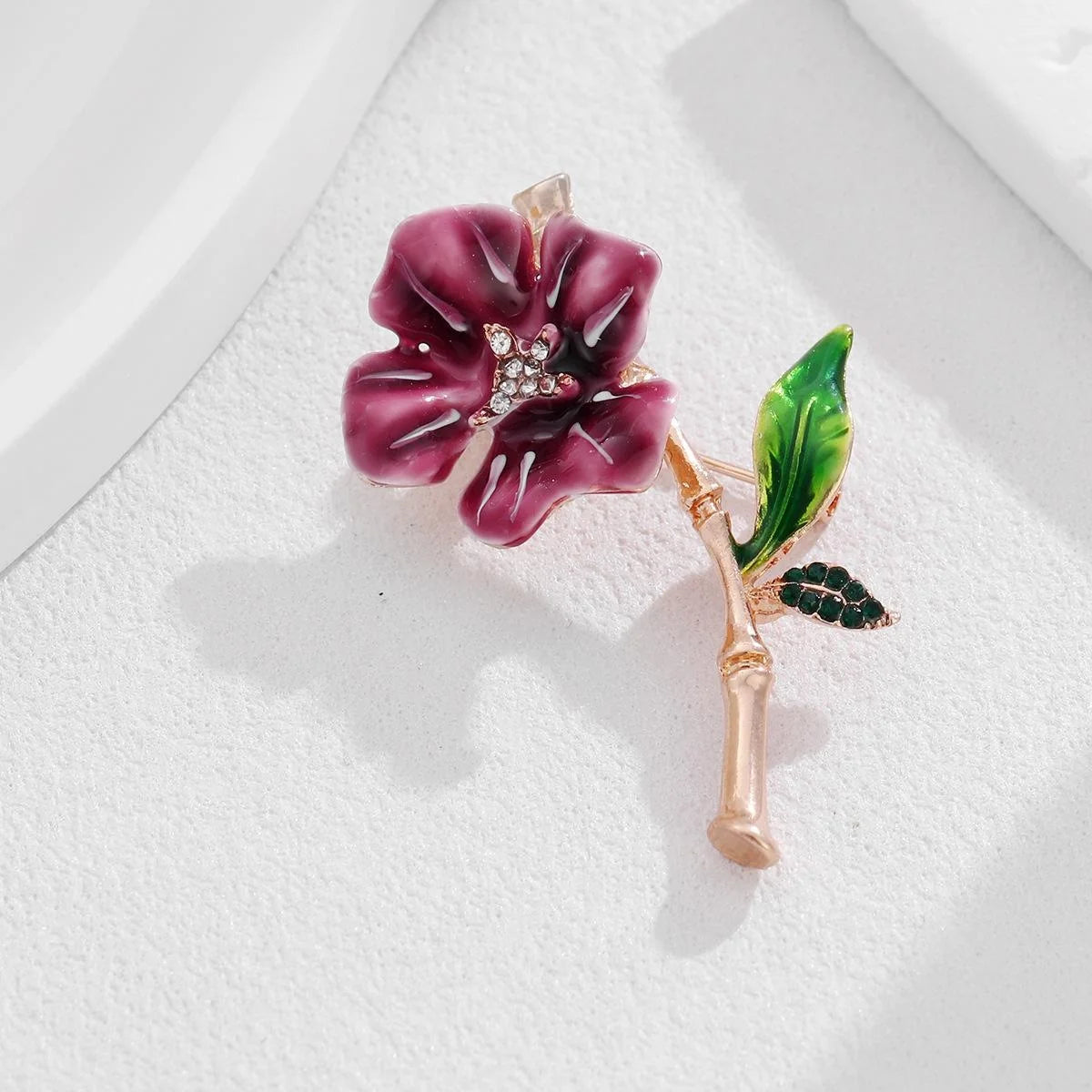 Elegant Enamel Burgundy Flower Brooch With Rhinestone Center, Alloy Stem Lapel Pin Corsage Suit Accessory Gift