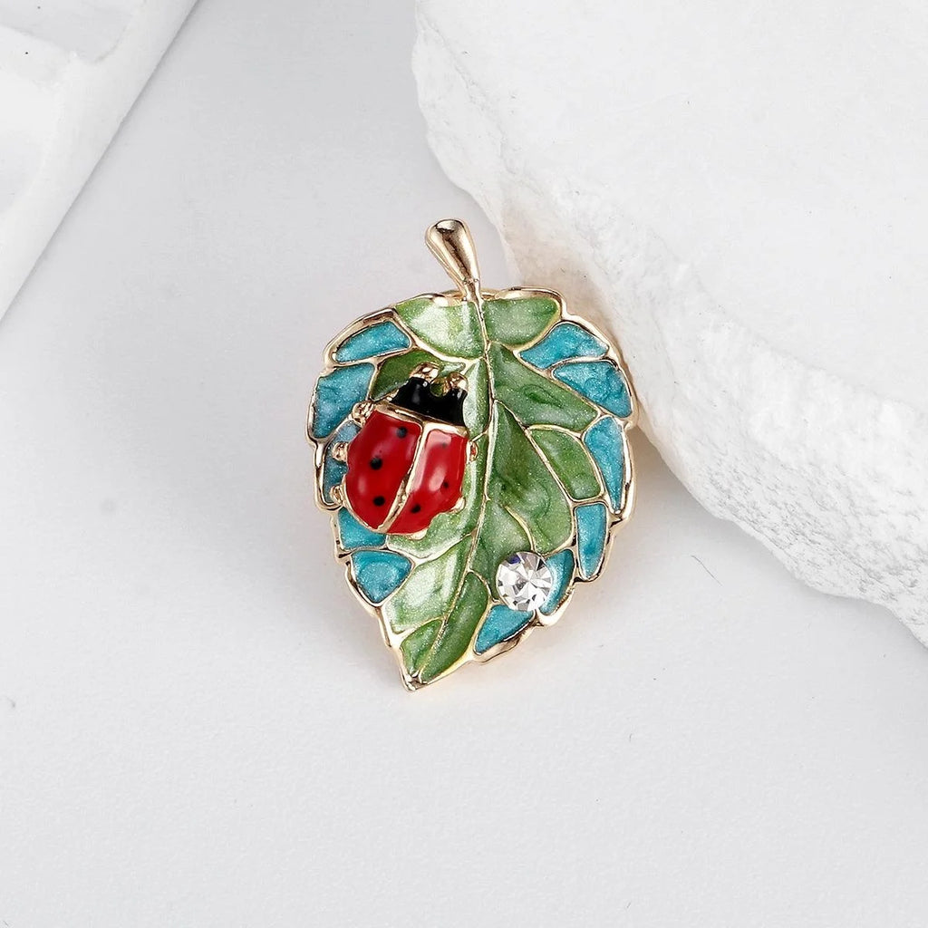 Cute Enamel Ladybug On Green Leaf Brooch With Rhinestone Accent, Elegant Lapel Pin Corsage Gift