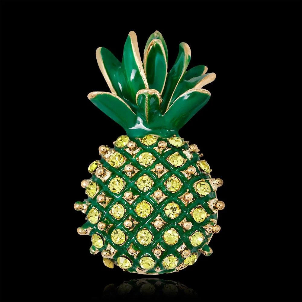 Luxury Green Enamel Pineapple Brooch With Rhinestone Alloy Lapel Pin Corsage For Women Suit Accessory Gift
