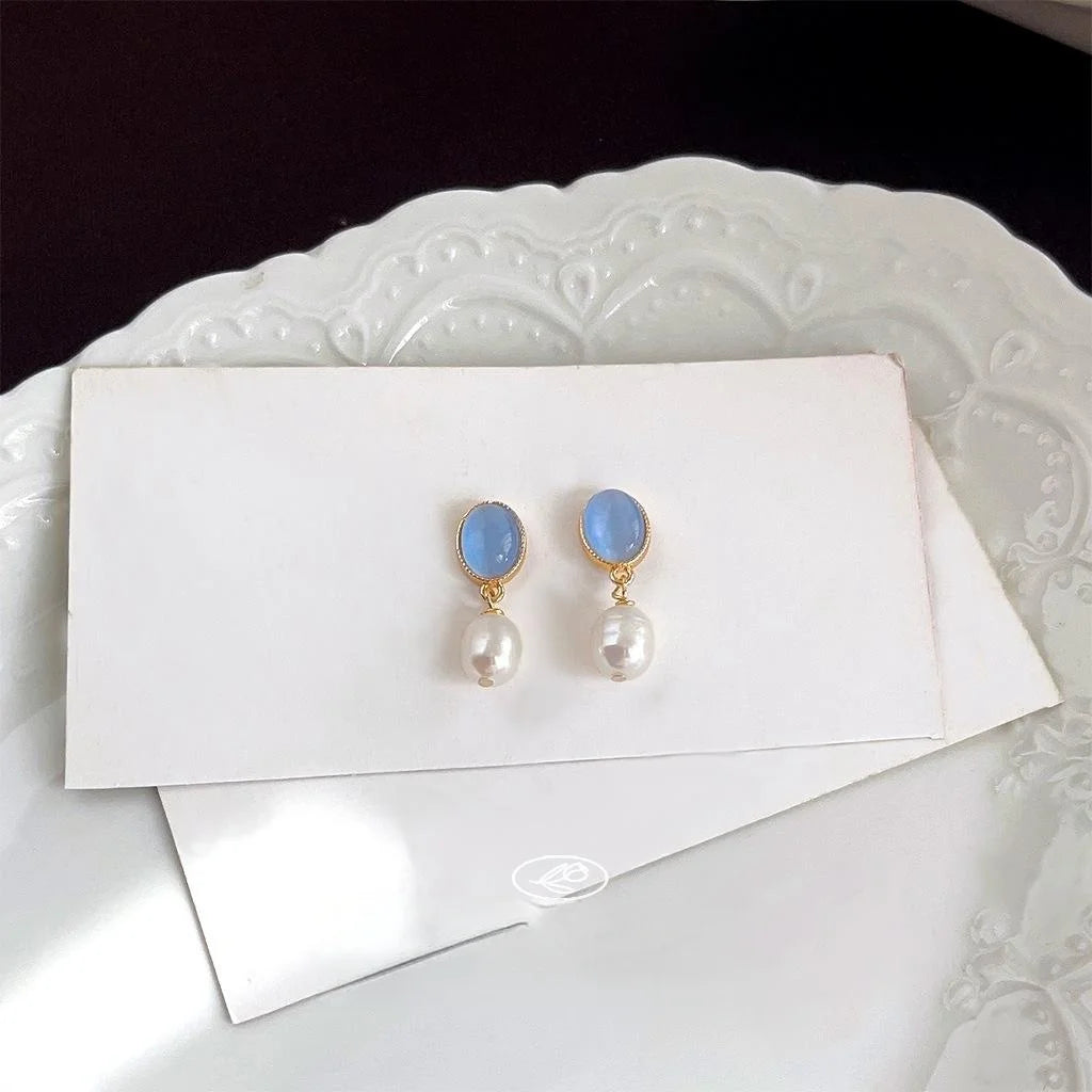 French Vintage 14K Gold Plated Copper Freshwater Pearl Glass Cat Eye Drop Earrings