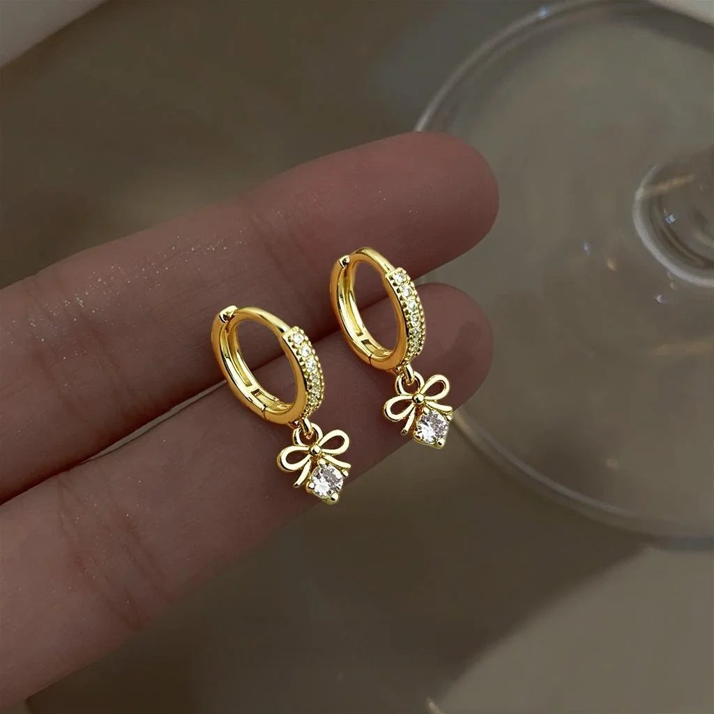 14K Gold Plated Copper Zircon Bow Drop Earrings Elegant Minimalist Versatile Jewelry