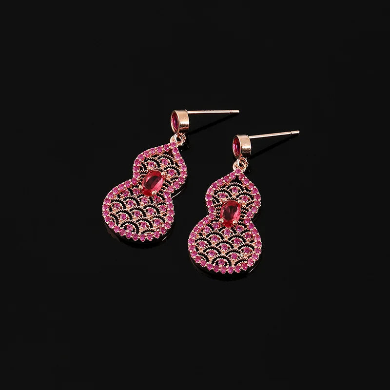 Luxury Rose Gold Hollow Gourd Floral Zircon Dangle Stud & Clip On No Piercing Women's Earrings