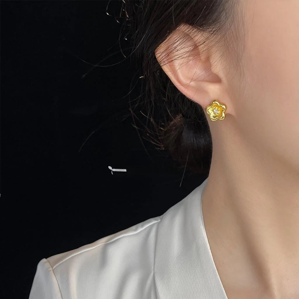 Vintage Brushed 14K Gold Plated Copper Flower Zircon Stud Earrings
