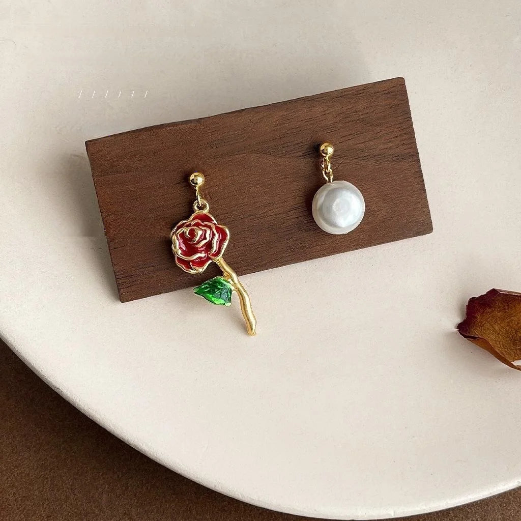 French Vintage Asymmetric Rose Geometric Baroque Freshwater Pearl Drop Earrings
