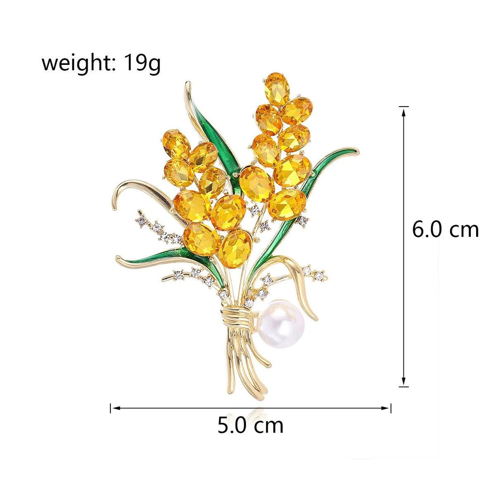 Elegant Wheat Bouquet Brooch With Pearl, Amber Rhinestone And Green Enamel Lapel Pin Suit Accessory Gift
