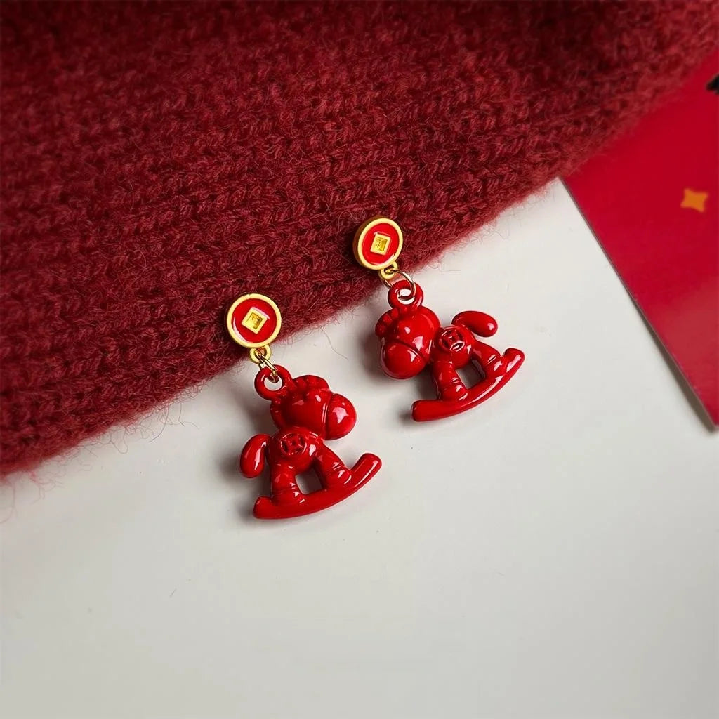 Chinese Style Horse Zodiac Enamel Copper Drop Earrings For Women