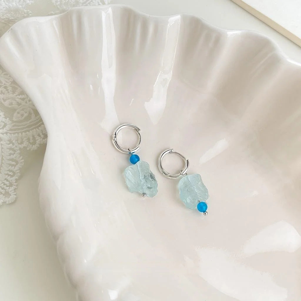 Handmade Irregular Blue Crystal Natural Stone Glass Pearl Drop Earrings For Beach Vacation