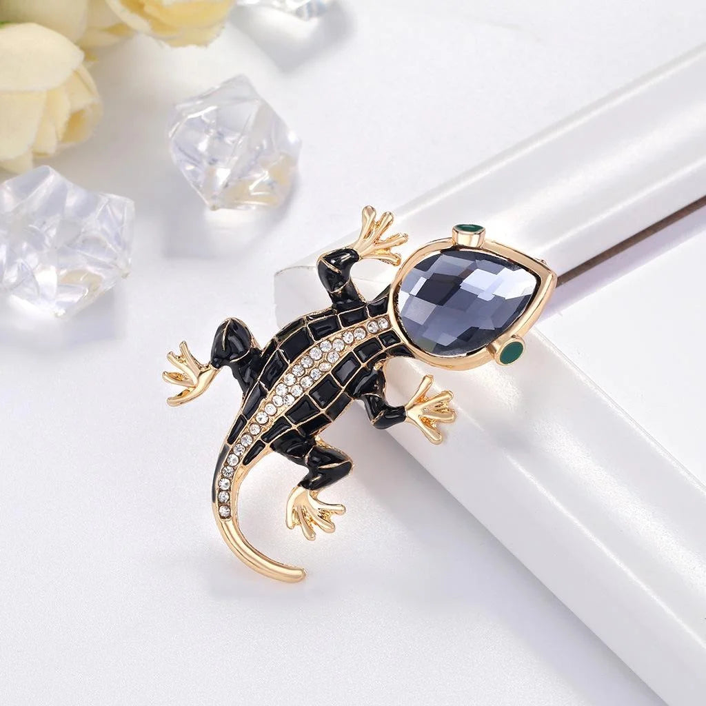 Luxury Black Enamel Gecko Lizard Brooch With Rhinestones, Alloy Animal Lapel Pin Suit Accessory Gift
