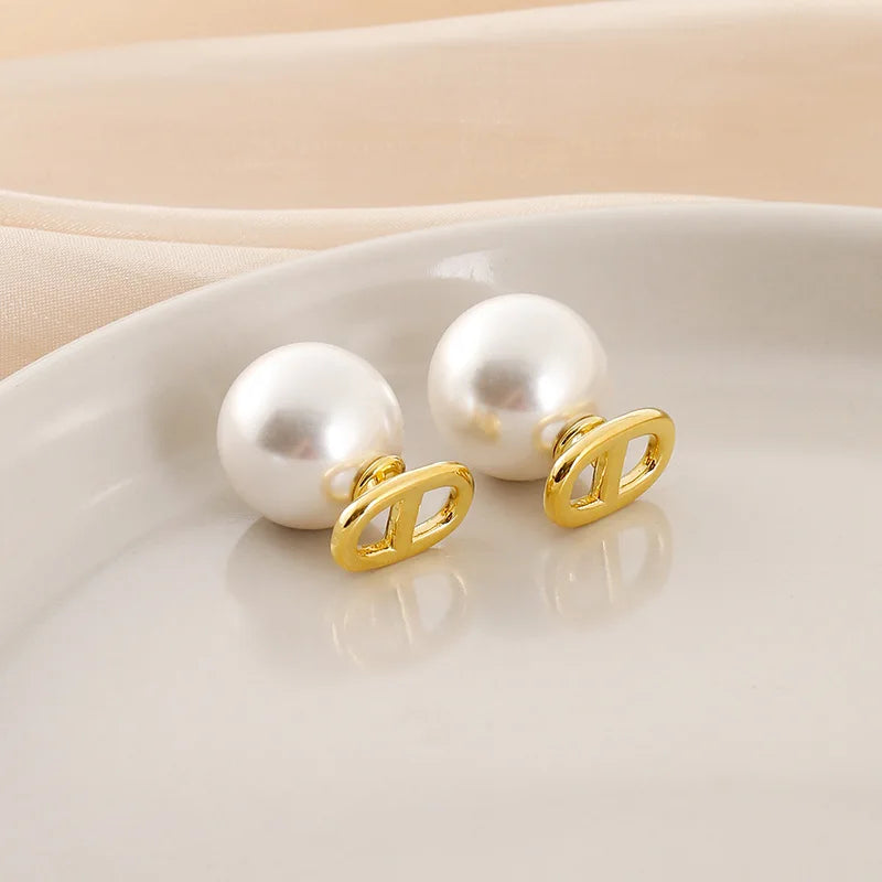 Elegant Gold Alloy Spiral Disc Letter Charm Large Pearl Stud & Clip On No Piercing Earrings