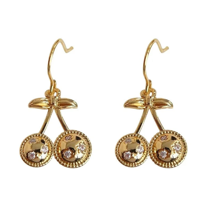 18K Gold Plated Copper Micro Pave Zircon Cherry Drop Earrings Cute Mini Fruit Jewelry