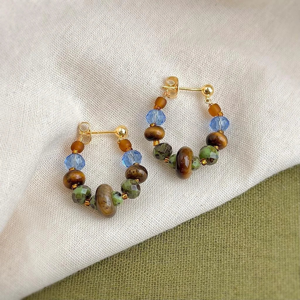 Handmade Vintage Ethnic Tiger Eye Stone Glass Crystal Beaded Geometric Drop Earrings