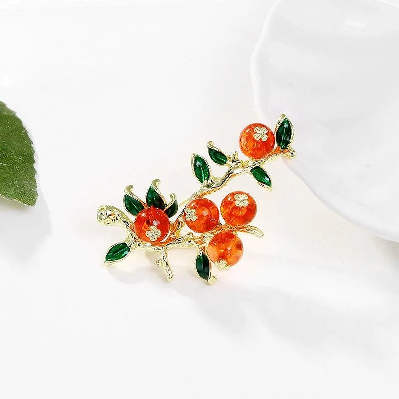 Vintage Persimmon Branch Brooch With Enamel Leaves And Rhinestones, Elegant Alloy Lapel Pin Suit Accessory