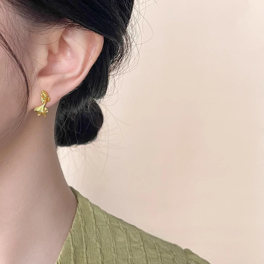 New Chinese Matte Electroplated Copper Goldfish Koi Stud Earrings For New Year Jewelry
