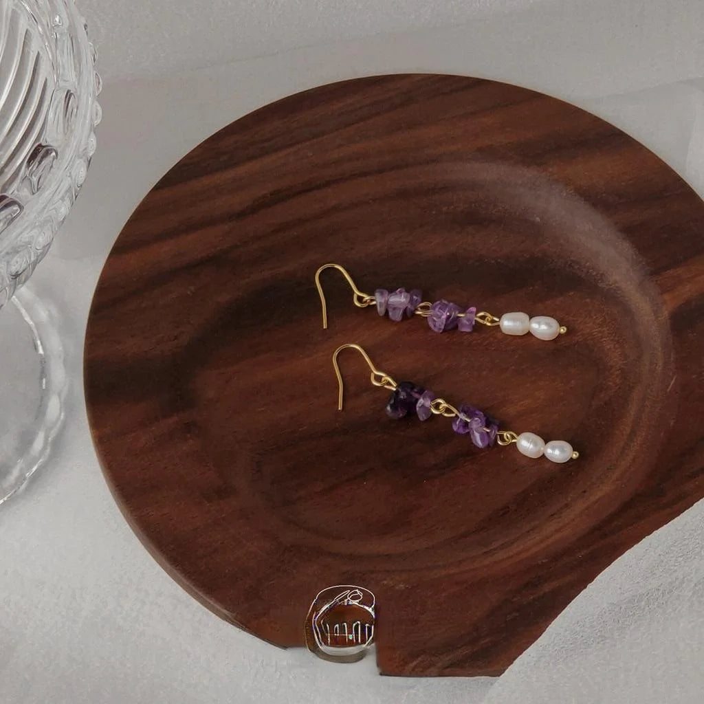 French Vintage Amethyst Chip Freshwater Pearl Tassel Drop Earrings Korean Handmade Geometric Jewelry
