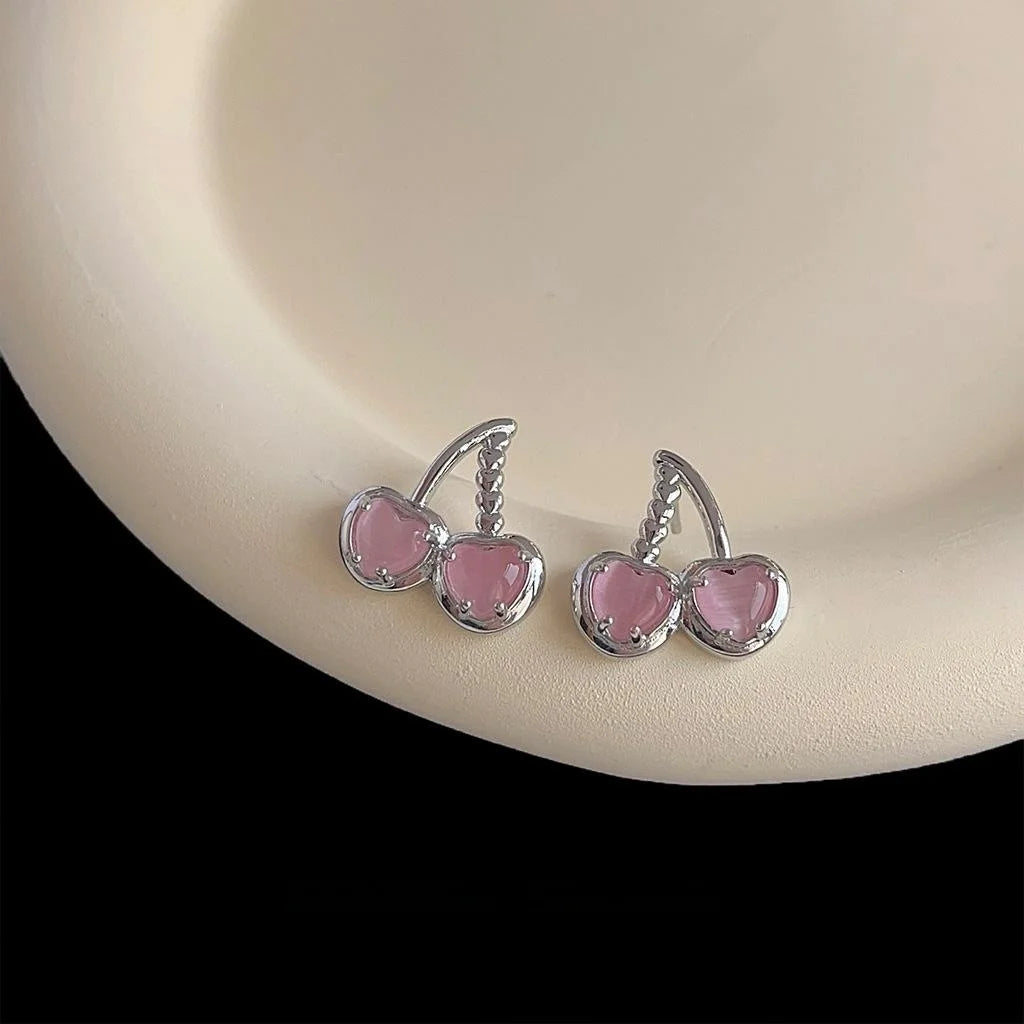 Sweet Cool Pink Glass Cat Eye Stone Cherry Stud Earrings Silver Plated Pins For Women