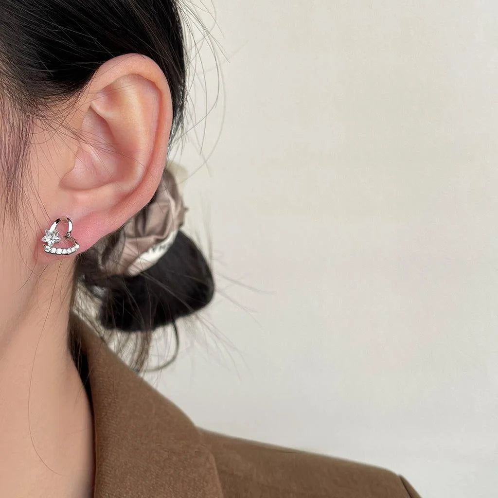 Sweet Cool Micro Pave Zircon Heart Star Stud Earrings, Copper Hollow Line Design