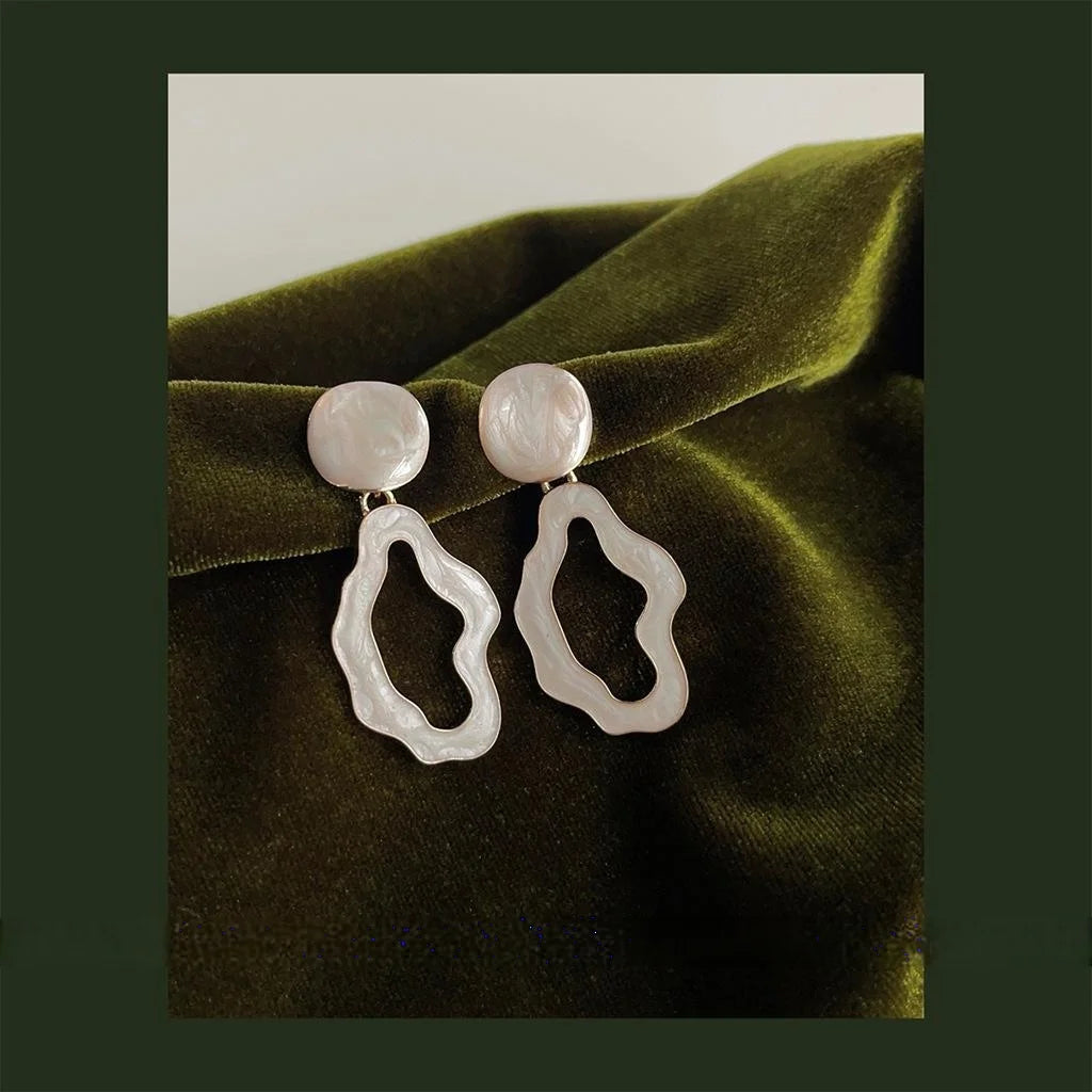 French Vintage Irregular Cream White Hollow Geometric Copper Drop Earrings