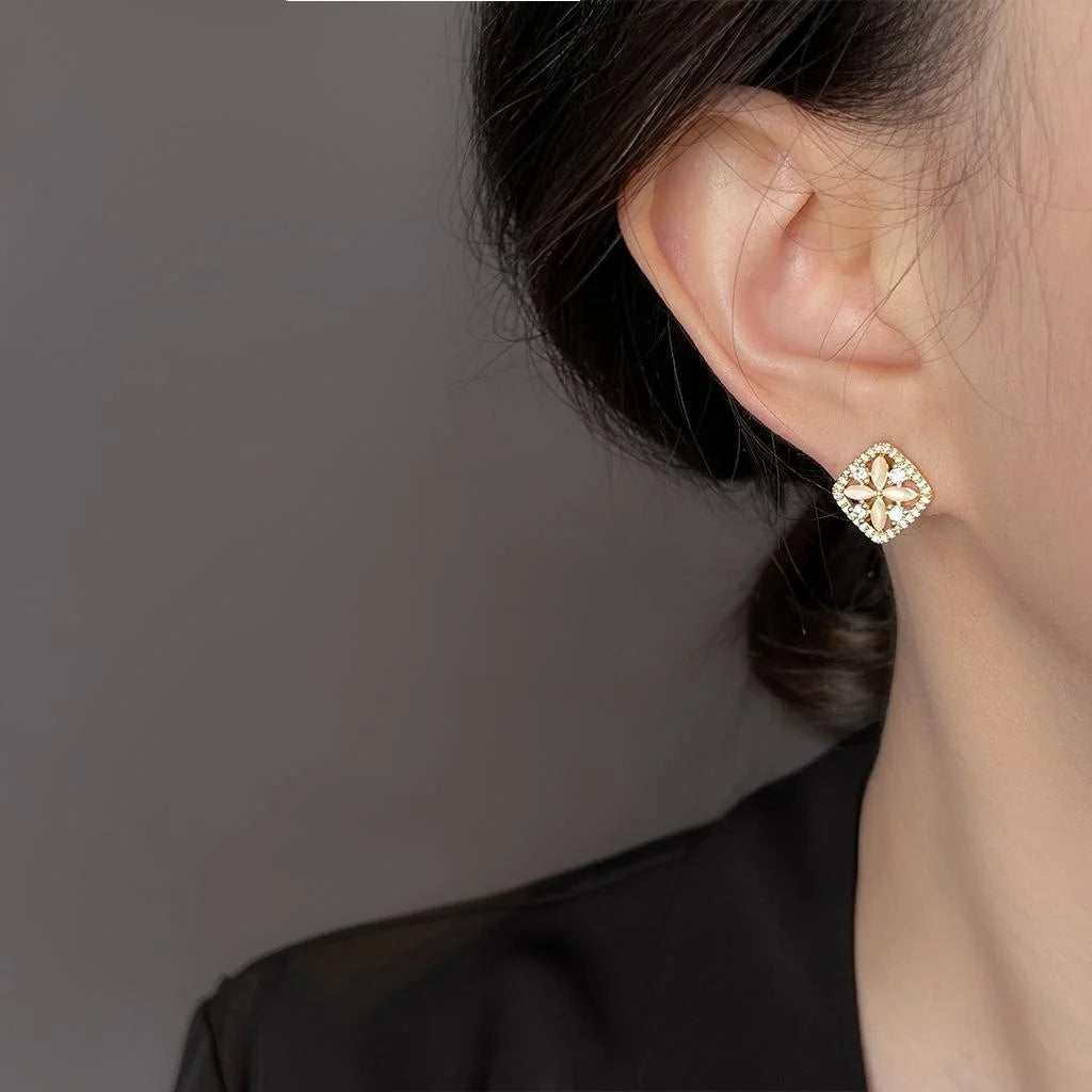 Fresh Sweet Geometric Square Flower Stud Earrings With Zircon And Glass Cat Eye Stones