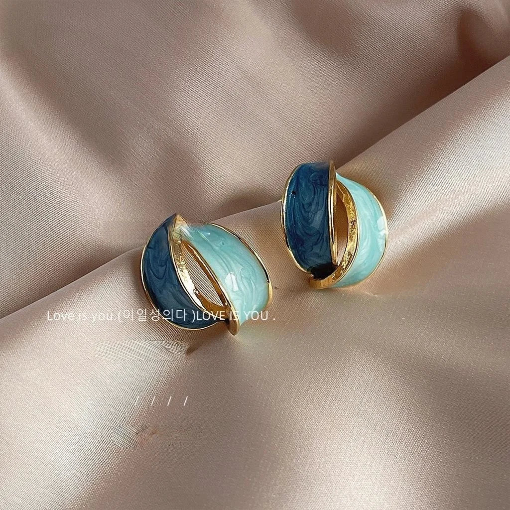 Premium 14K Plated Copper Klein Blue Oval Geometric Cross Stud Earrings