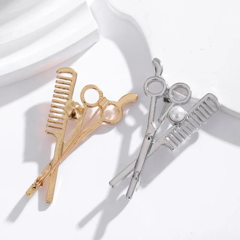 Elegant Gold Alloy Barber Scissors Comb Pearl Brooch, Rhinestone Hairdresser Lapel Pin Suit Accessory Gift