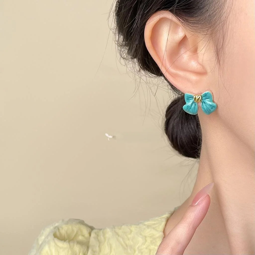 Fresh Sweet Sea Blue Bow Alloy Handmade Enamel Stud Earrings Elegant Summer Jewelry