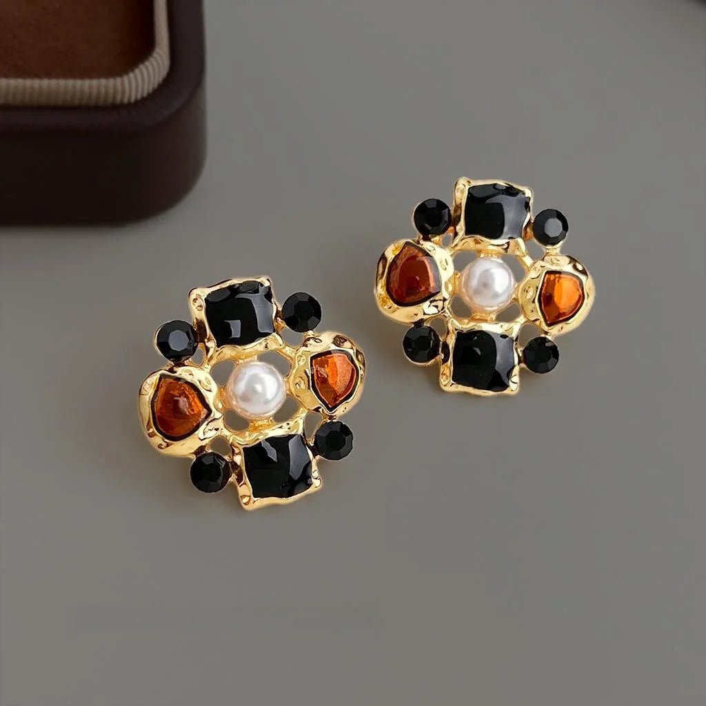 Vintage Maillard Copper Alloy Enamel Glazed Geometric Floral Drop Earrings for Women
