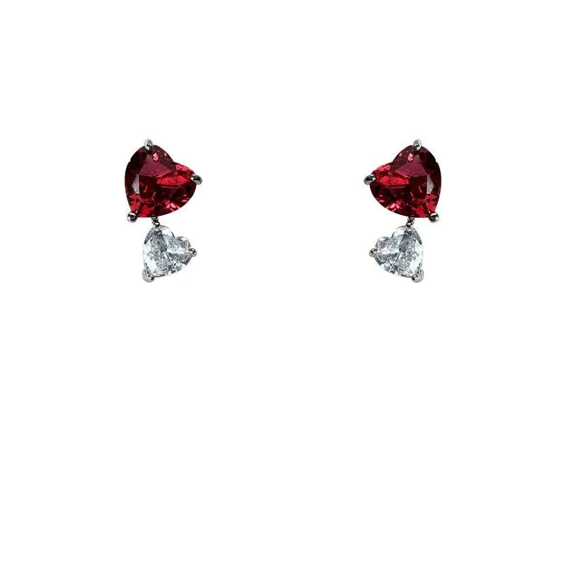French Elegant Double Heart Zircon Stud Earrings Two Tone Sparkling Heart Jewelry
