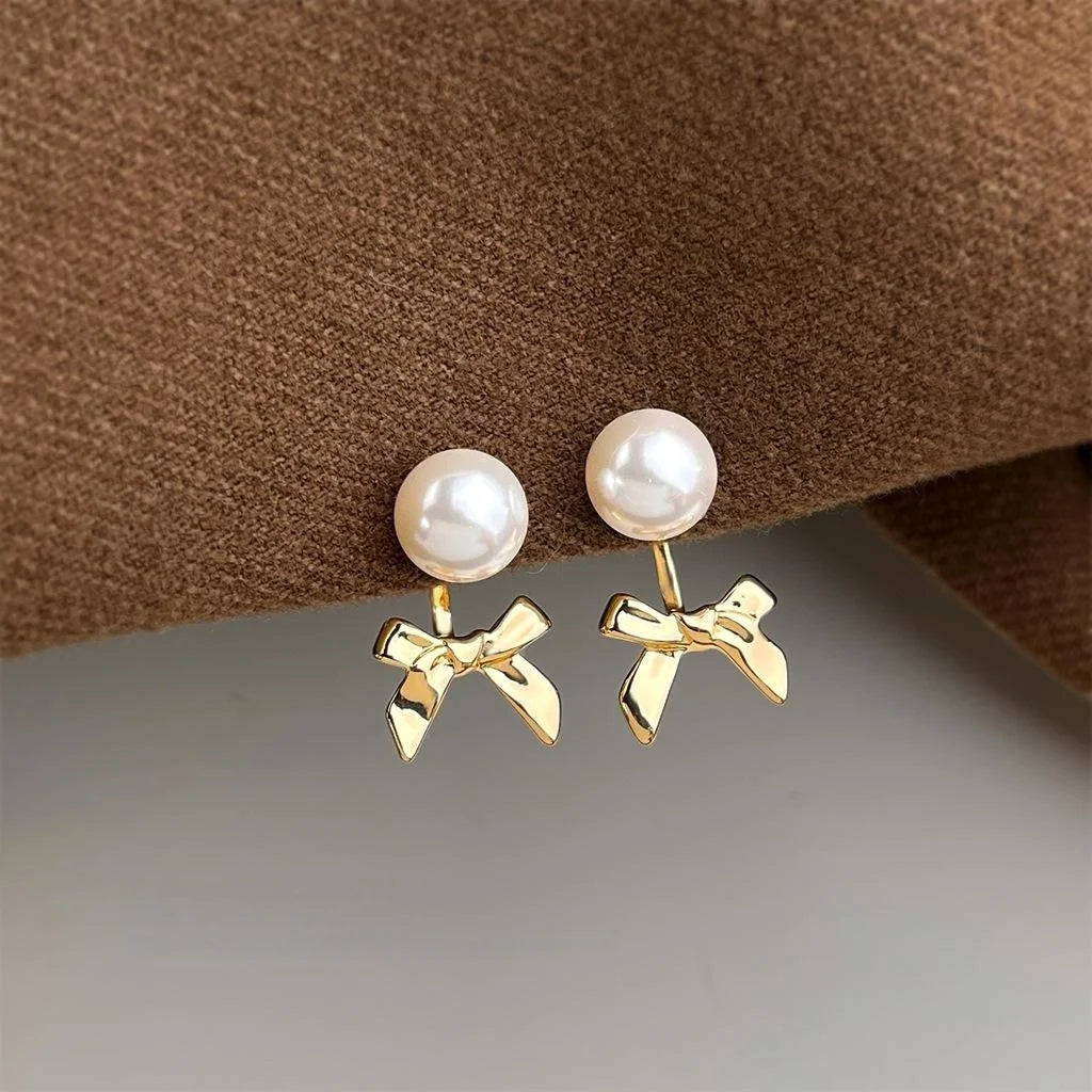 Two-Way Minimalist Bow Drop Earrings Copper Metal Glass Pearl Light Luxury Jewelry