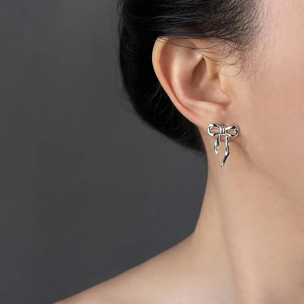 Sweet Ballet Bow Ribbon Stud Earrings Smooth Metal Copper For Women